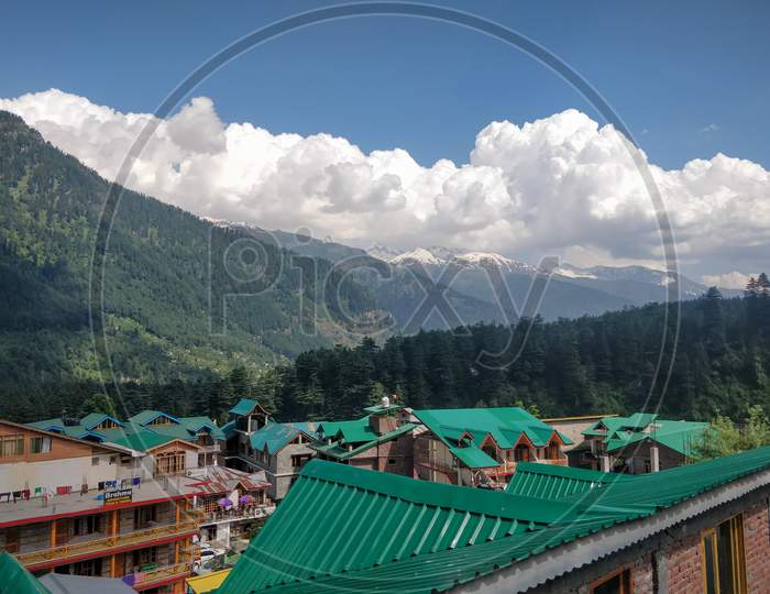 Manali, India - June 9th 2019: Epic View from top of old manali building.