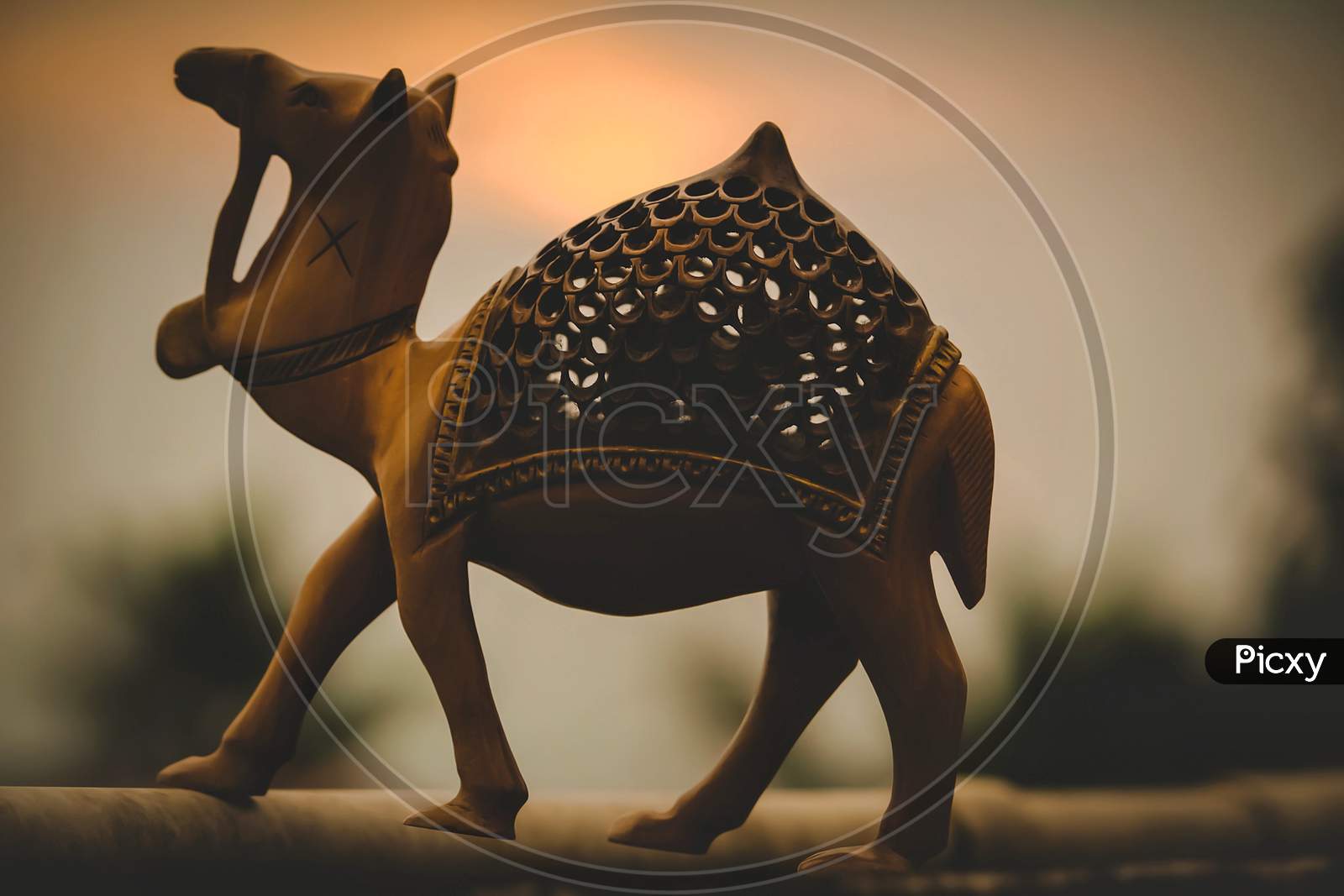 A camel sculpture photo with sunset