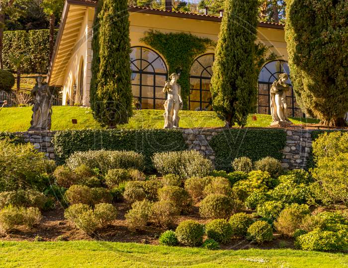Lecco, Italy-April 1, 2018: Statue At Famous Villa Del Balbianello At Lecco, Lombardy