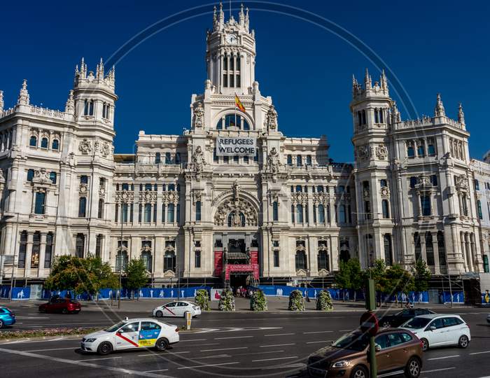Madrid, Spain - June 17 : The Madrid City Hall On June 17, 2017. A Welcome Refugees Banner Is Displayed On The City Hall.