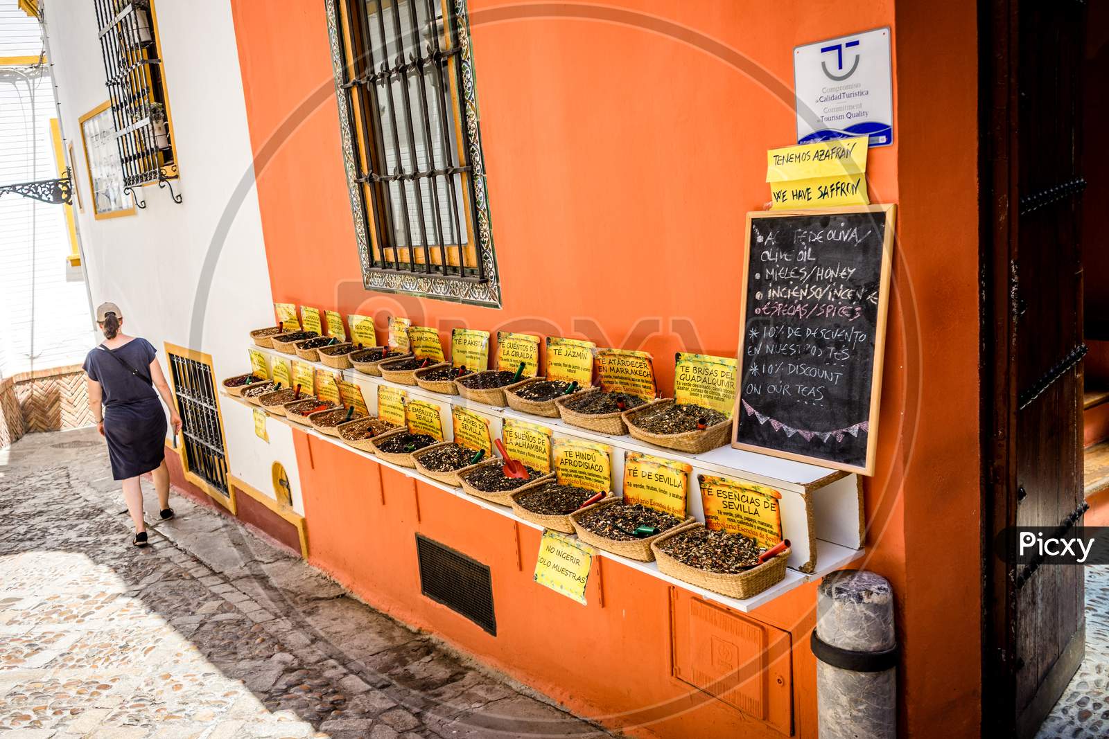 Seville, Spain- June 18, 2017 : Saffron And Other Spices Are Displayed On A Street Shop In Seville, Spain June 2017.