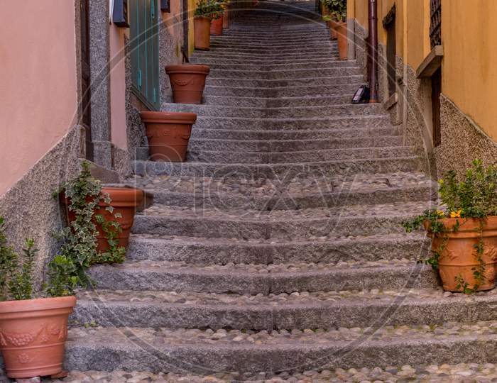 Italy, Bellagio, Lake Como, Stone Stairs In An Alley