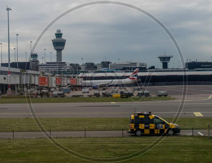 Netherlands, Amsterdam, Schiphol - 30 March, 2018: Planes At Airport. Schiphol Is One Of The Busiest Airport In Europe.