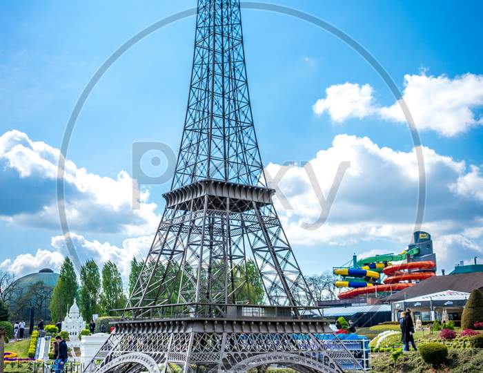 Brussels, Belgium - 17 April 2017: Miniatures At The Park Mini-Europe - Reproduction Of The Eiffel Tower In Paris, France
