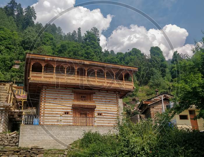 Manali, India - June 10Th 2019: Beautiful Architecture Of Traditional Indian Himalayan Mountain Village Temple.