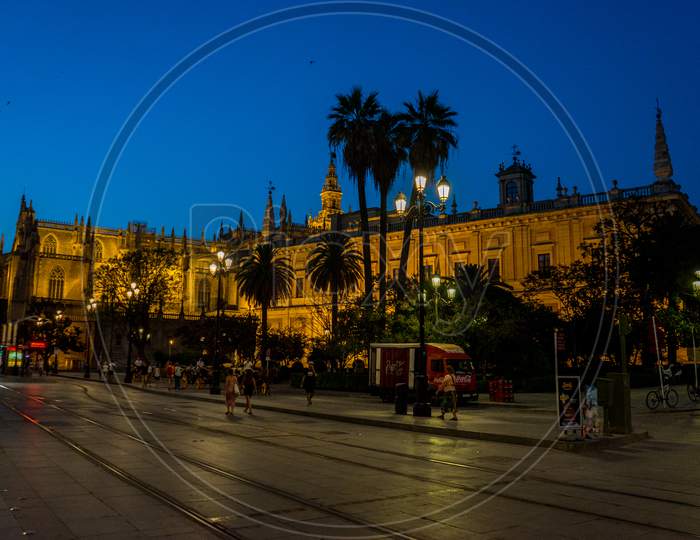 Seville, Spain - June 19: The Bell Tower Light Up At Night In Seville, Spain, Europe On June 19, 2017.