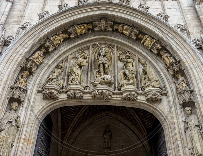 A White Marble Arch With Angels, Knights And Saints At Brussels, Belgium, Europe