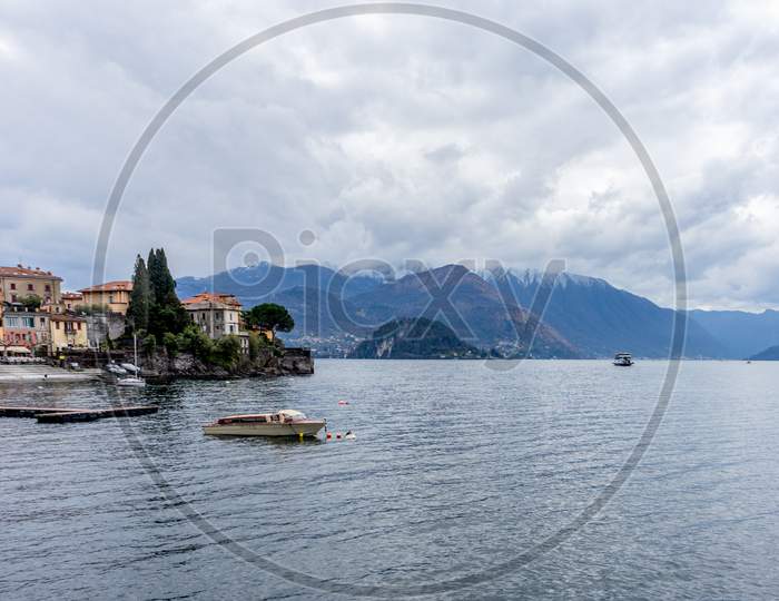 Varenna, Italy- March 31, 2018: A Taxi Boat Service On Lake Como Next To The Village Of Varenna