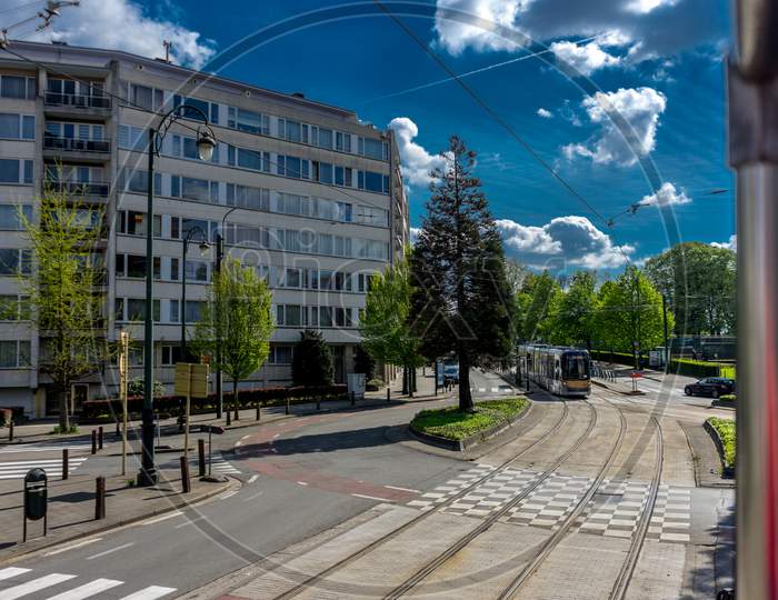 Brussels, Belgium - 17 April 2017: A Tram Passes By On The Streets Of Brussels, Belgium