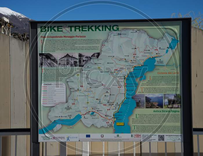 Menaggio, Italy-April 2, 2018: Trekking And Biking Map Of Menaggio, Lombardy