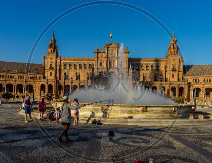 The Water Fountain At Plaza De Espana In Seville, Spain, Europe