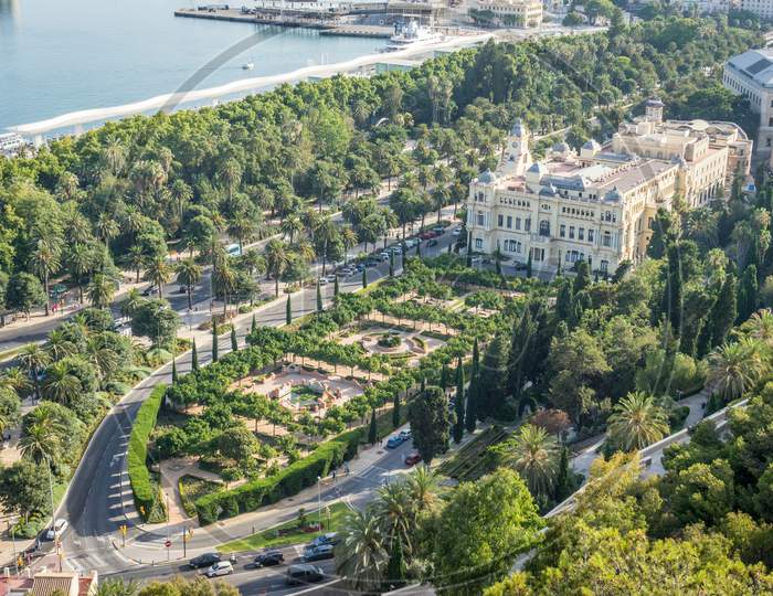 Aerial View Of City Hall And Gardens In Malaga, Andalusia, Spain, Europe