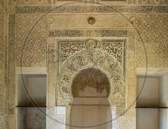 Spain, Granada - 23 June 2017: View Of Ornate Wall At Alhambra