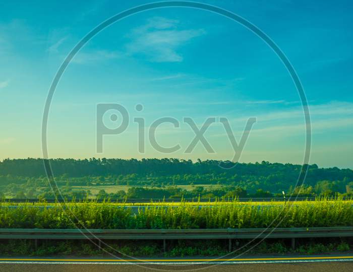Germany, Frankfurt, Sunrise, A Large Green Field With Trees In The Background