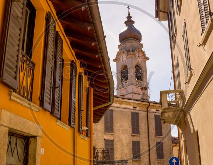 Menaggio, Italy-April 2, 2018: Church Tower At Menaggio, Lombardy