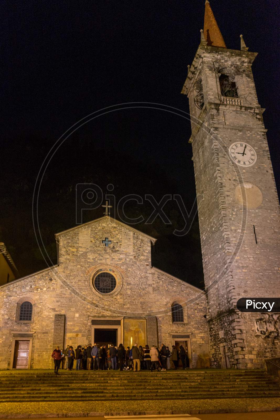 Varenna, Italy - March 31, 2018: The Church Of Saint George In Varenna, Italy At Night