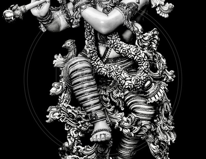 Beautiful Black and white BW Lord Thandav Krishna with Flute with black background with fine carvings and artwork