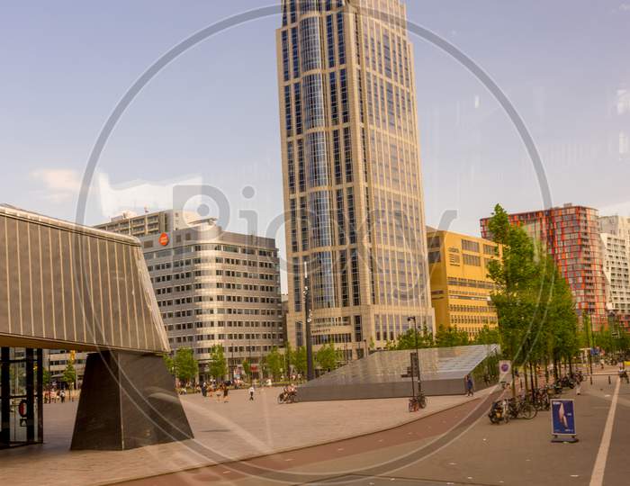 Rotterdam, Netherlands - 27 May:  Tall Glass Building At Rotterdam On 27 May 2017. Rotterdam Is A Major Port City In The Dutch Province Of South Holland