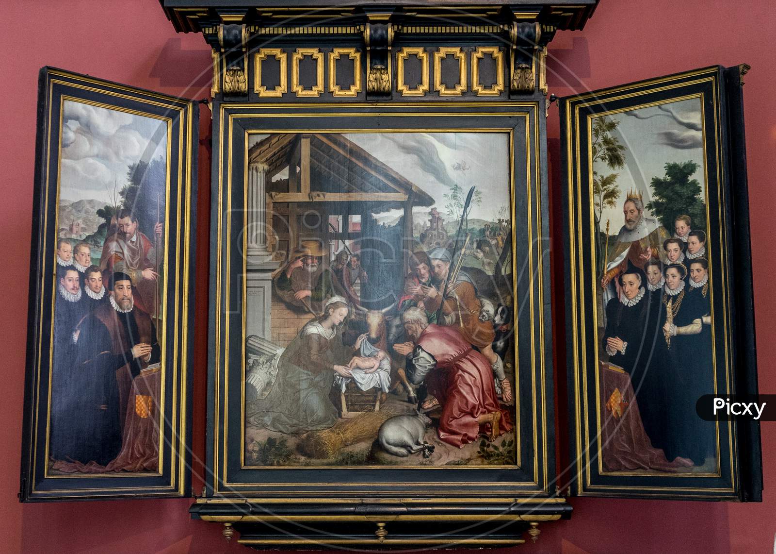 Bruges, Belgium - 16 April 2017: A Painting Showing The Birth Of Jesus Christ, Brugge, Belgium