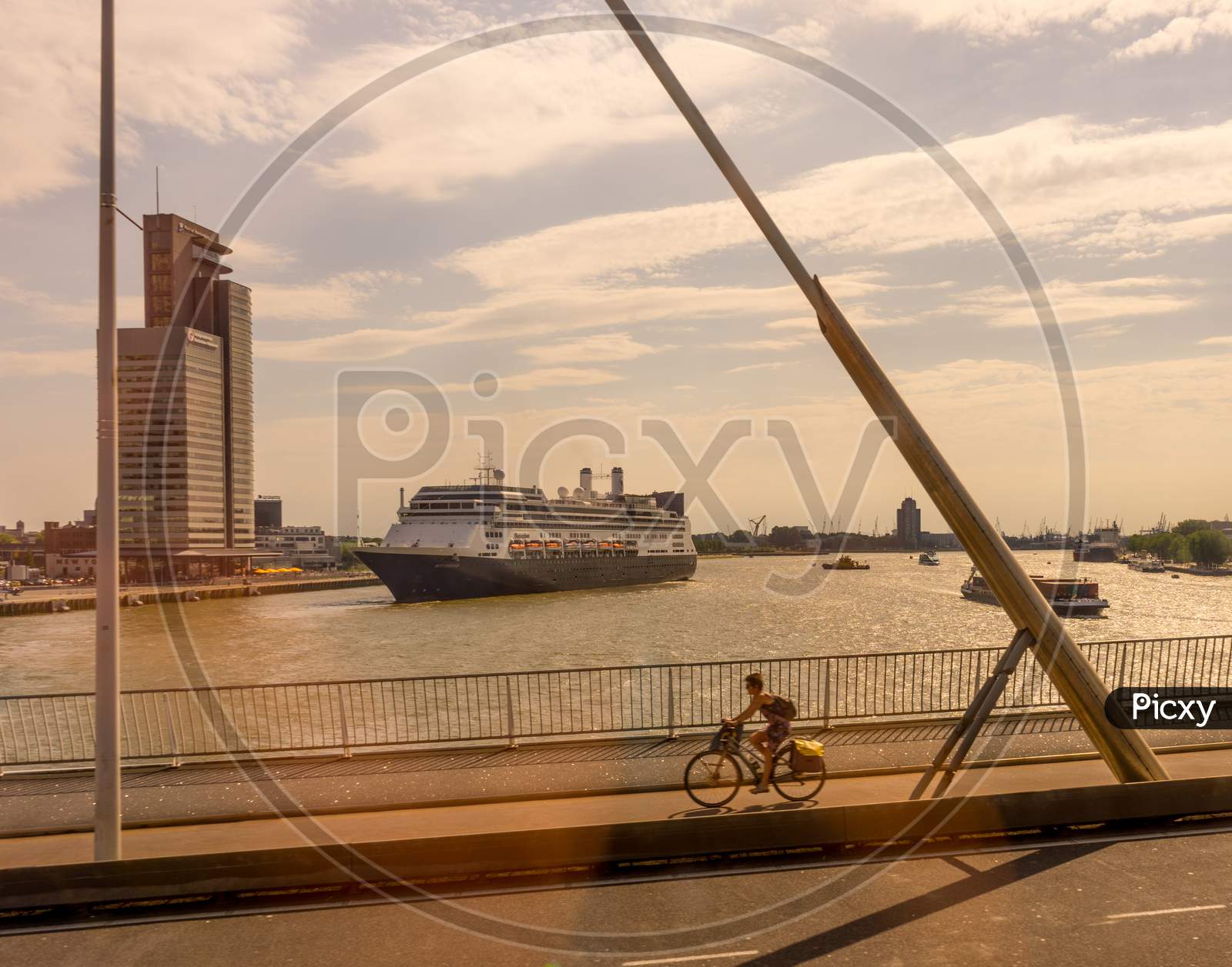 Rotterdam, Netherlands - 27 May: Cyclist On The Erasmus Bridge At Rotterdam With Cruise Ship In Background On 27 May 2017. Rotterdam Is A Major Port City In The Dutch Province Of South Holland