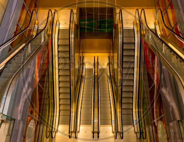 Netherlands, Rotterdam, A Close Up Of A Metal Escalator Maze Nest Level Shopping Mall