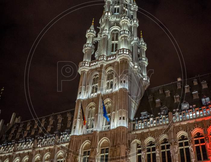 The Palace Of Brussels Illuminated At Night In Market Square At Brussels, Belgium, Europe