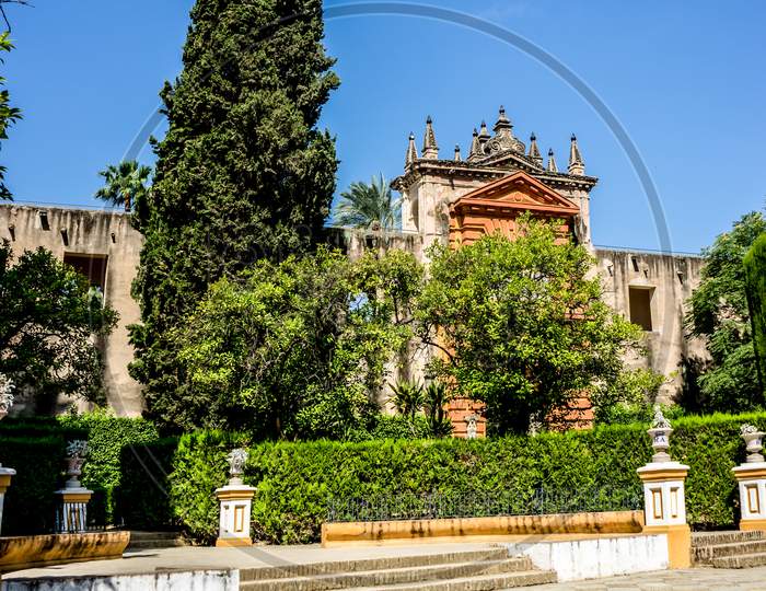 Seville, Spain- June 18, 2017: A Security Castle Tower In The Garden Of The Alcazar Palace In Seville, Spain June 2017, Europe