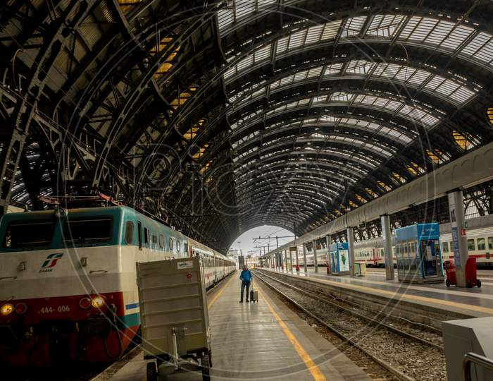 Milan Central Station - March 31: The Platform Of Milan Central Railway Station On March 31, 2018 In Milan, Italy. The Milan Railway Station Is The Largest Train Station In Europe By Volume