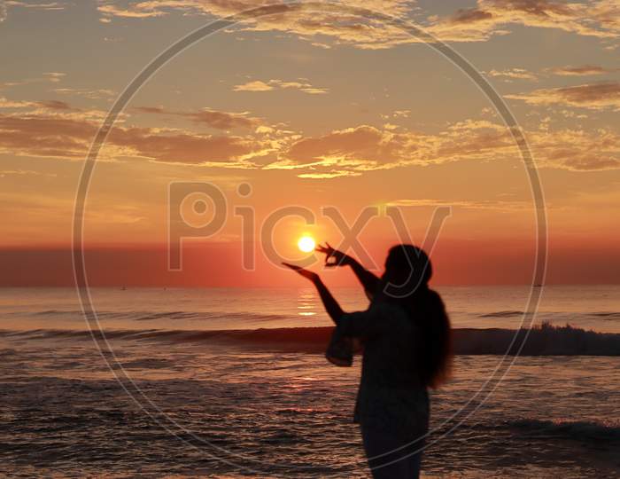 Sunrise At Beach With Female Woman