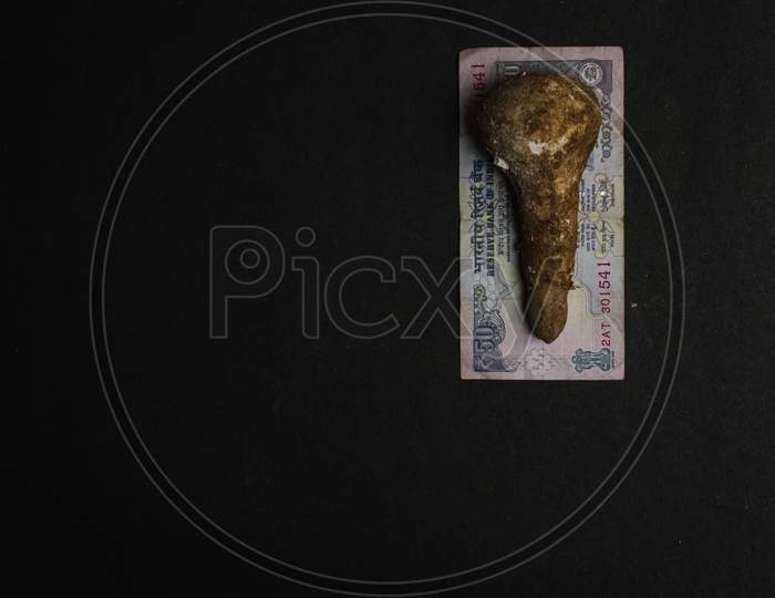 mushroom placed on indian currency on a black textured background, conceptual image, money concept
