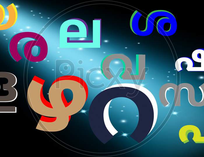 The Indian state of kerala language malayalam consonants ya to ra on the view, isolated on dark