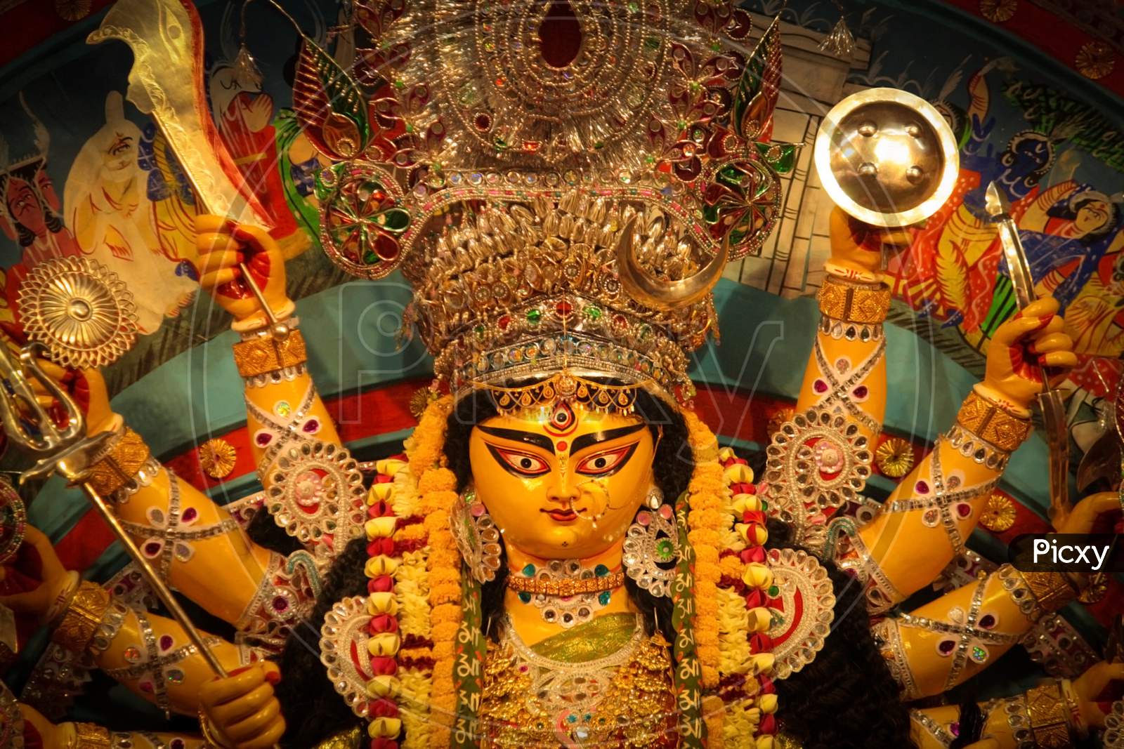 Goddess durga idol at decorated Durga Puja pandel