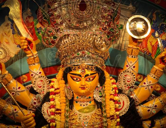 Goddess durga idol at decorated Durga Puja pandel