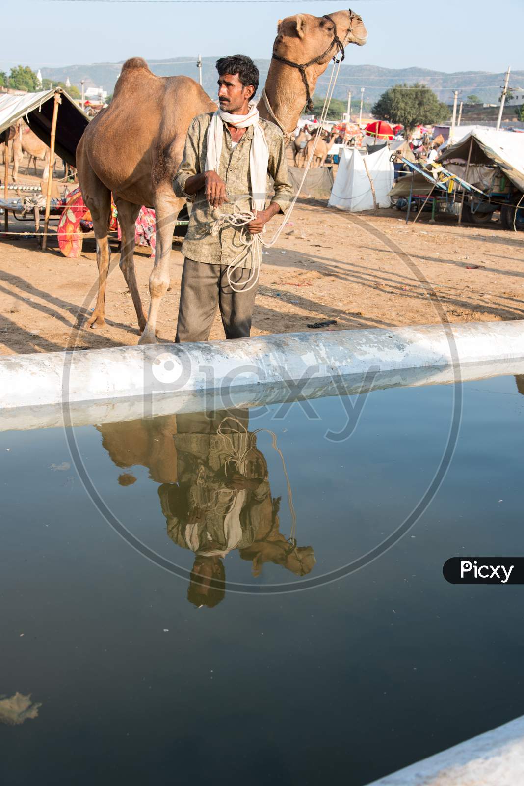 A camel and herder near water tank