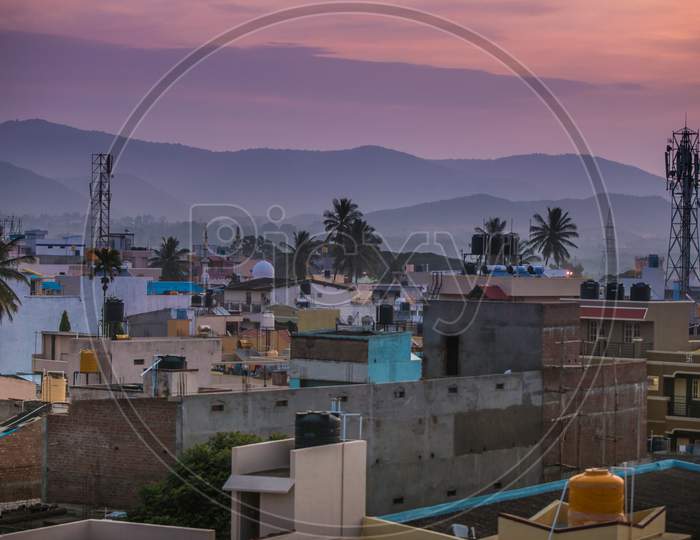 Chikmaglur, India. Small town panoramic view of old city buildings