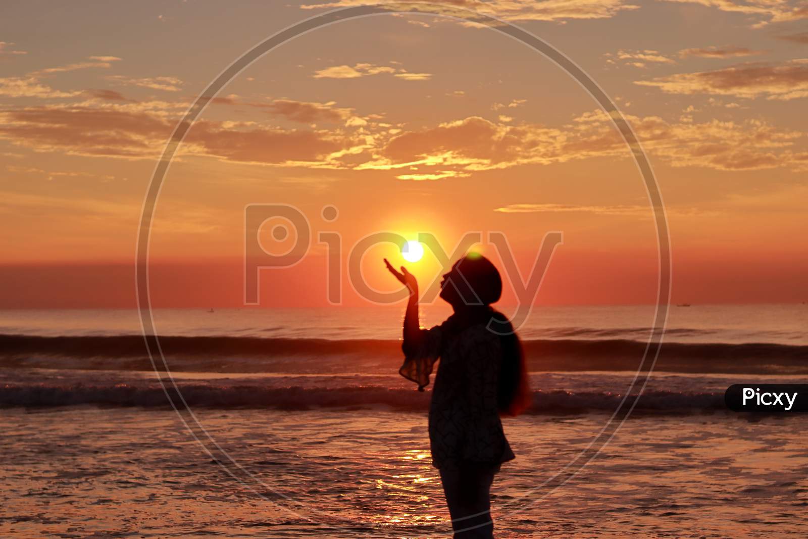 Sunrise At Beach With Silhouettes Female Woman