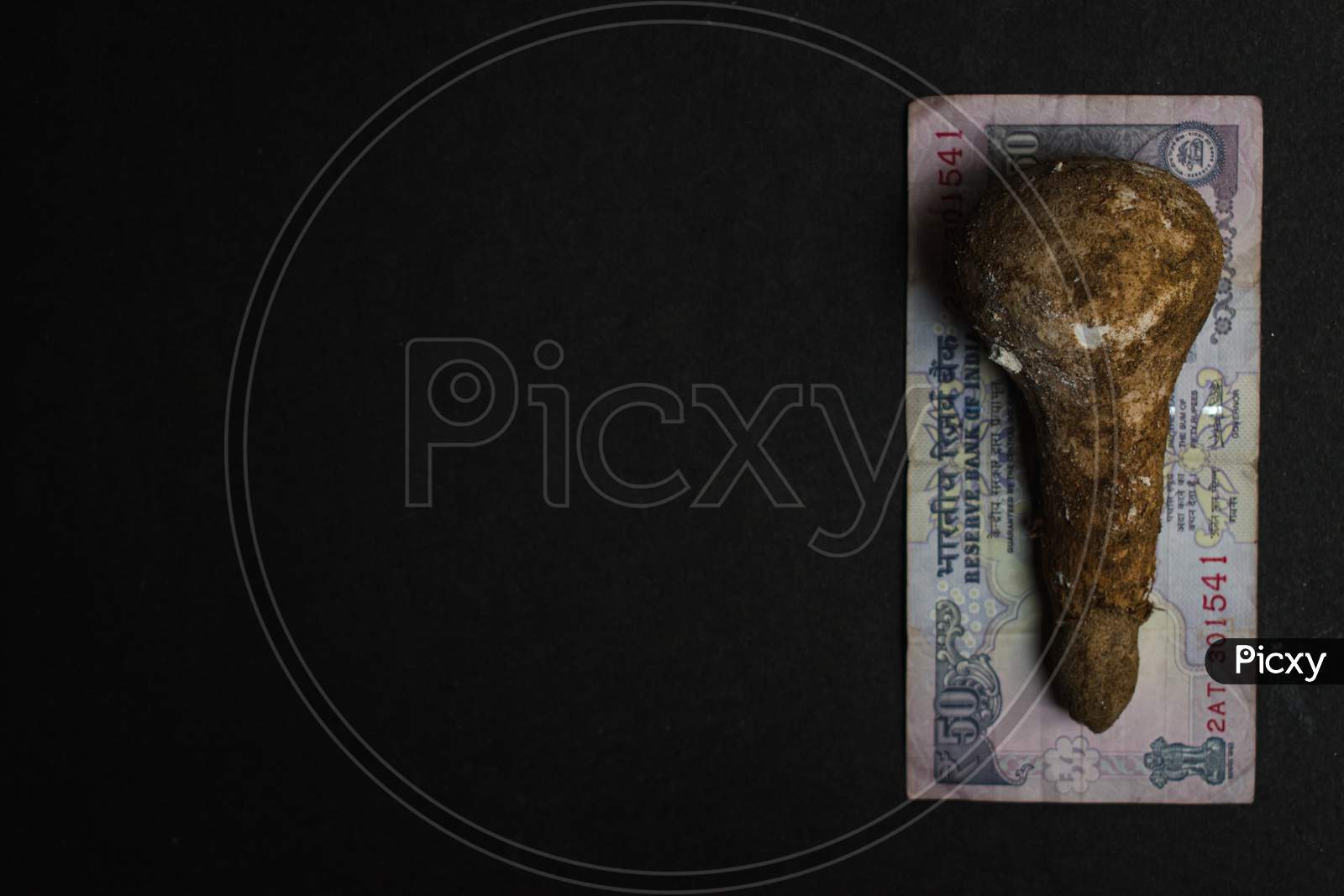 mushroom placed on indian currency on a black textured background, conceptual image, money concept