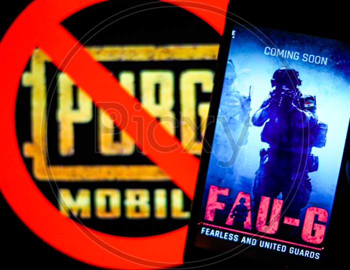 Selective Focus on FAUG Game with Banned PUBG Game on Mobilephone or Smartphone Screen Game in the Foreground