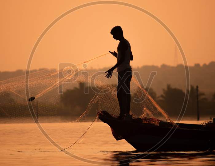 Fisherman, Fishermen, Fishing, Sunset, Fishing net, Fish Farming,
