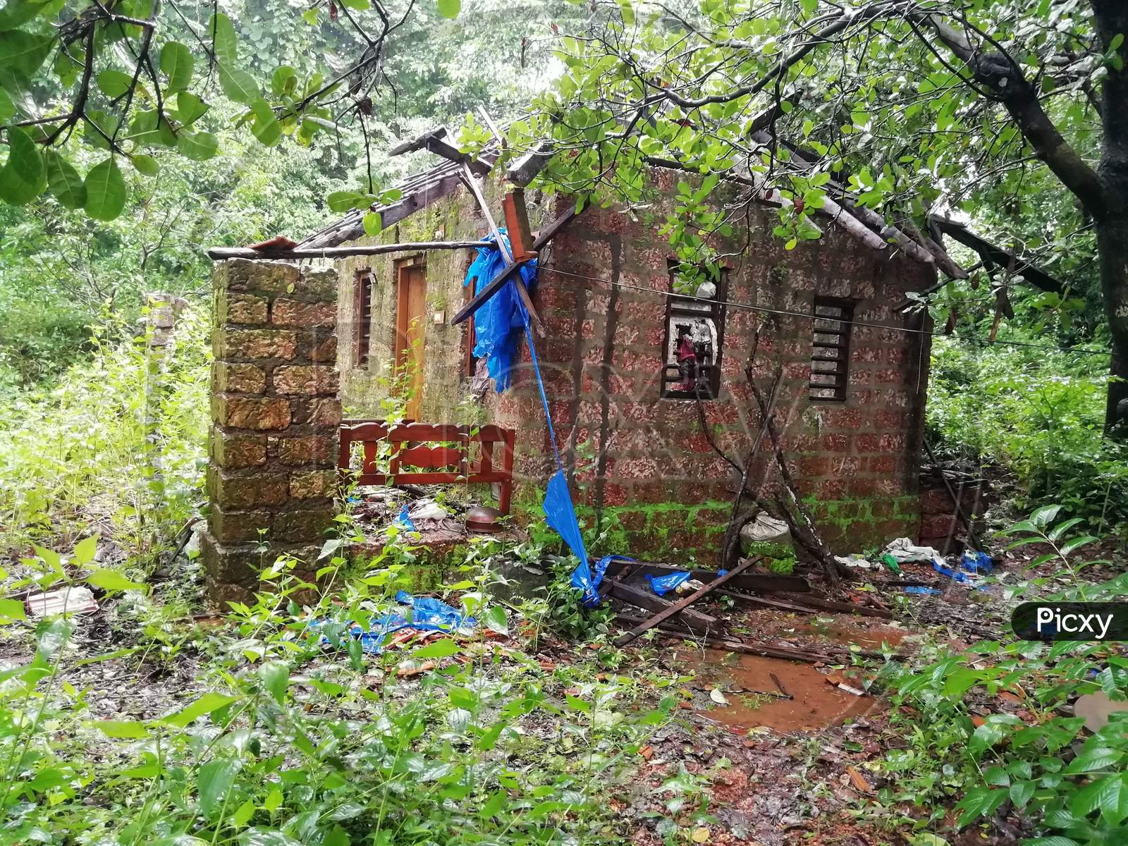 A house ruined by a natural disaster Kerala India