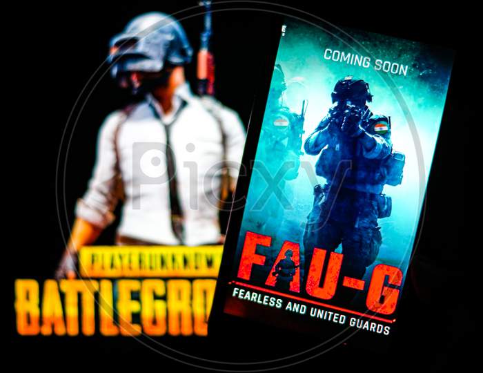 Selective Focus on FAUG Game with Banned PUBG Game on Mobilephone or Smartphone Screen Game in the Foreground