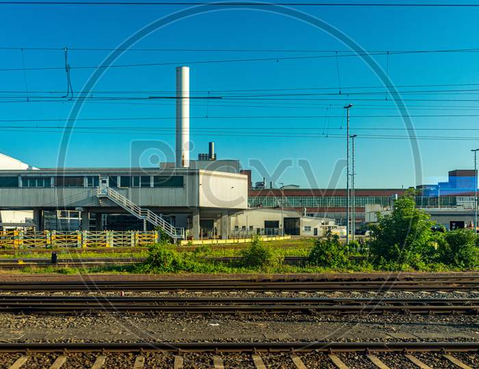 Germany, Heritage Site Mainz, A Train On A Steel Track Industrial Area