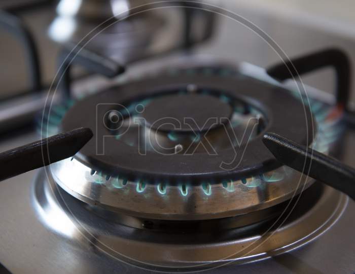 Kitchen Gas Cooker With Burning Fire Propane Gas.