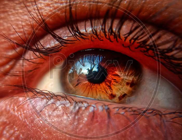 The Human Eye with a reflection of a hand in it.