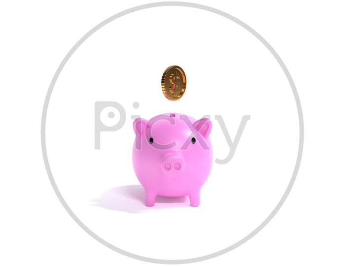3D Render Illustration Of Isolated Piggy Bank And Floating Coins, Concept Of Saving