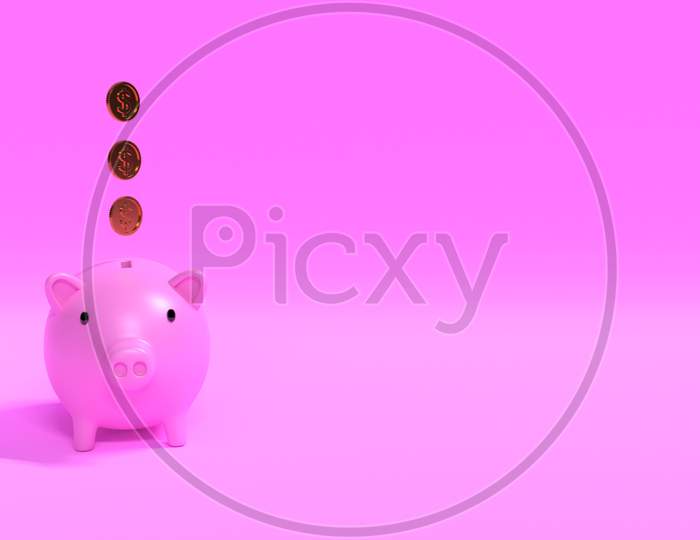 3D Render Illustration Of Piggy Bank And Floating Coins On The Pink Screen, Concept Of Saving