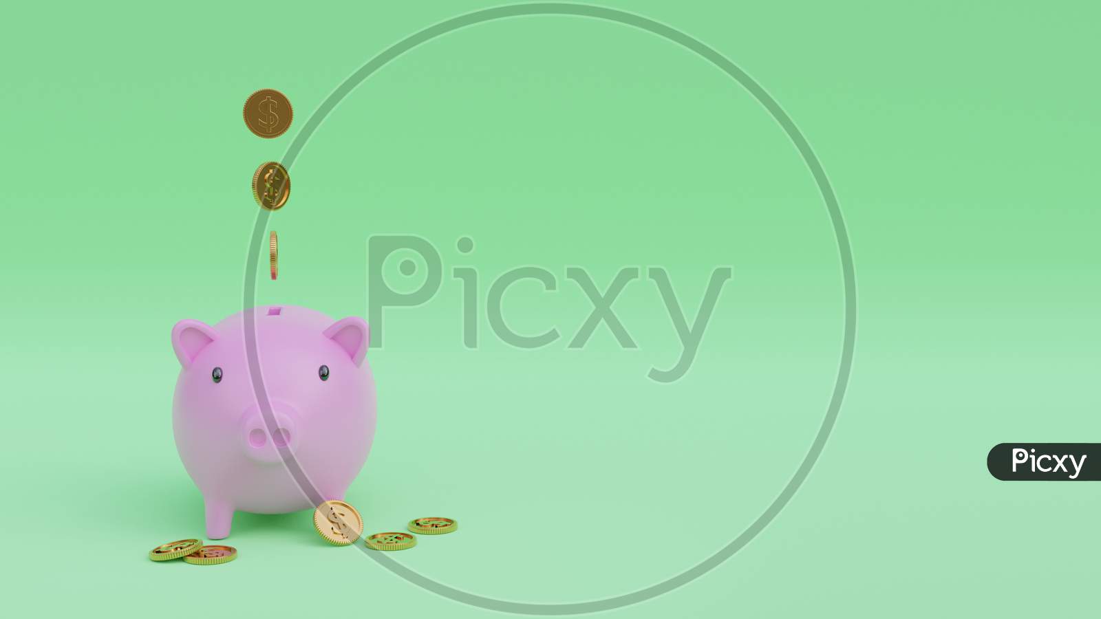 3D Render Illustration Of Piggy Bank And Floating Coins On The Green Screen, Concept Of Saving
