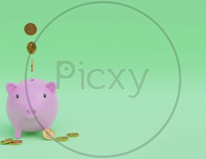 3D Render Illustration Of Piggy Bank And Floating Coins On The Green Screen, Concept Of Saving