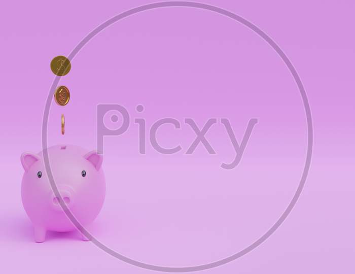 3D Render Illustration Of Piggy Bank And Floating Coins On The Pink Screen, Concept Of Saving