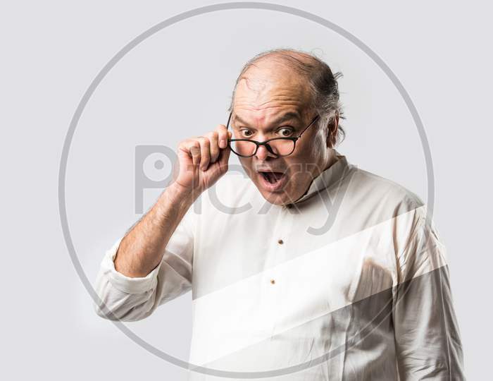Indian Asian Old Man With Surprised Or Shocked Expressions